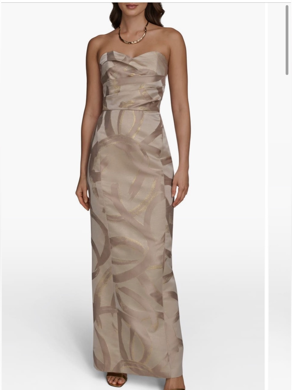 Donna Karan New York Strapless Metallic Jacquard Column Gown Champagne Size 12